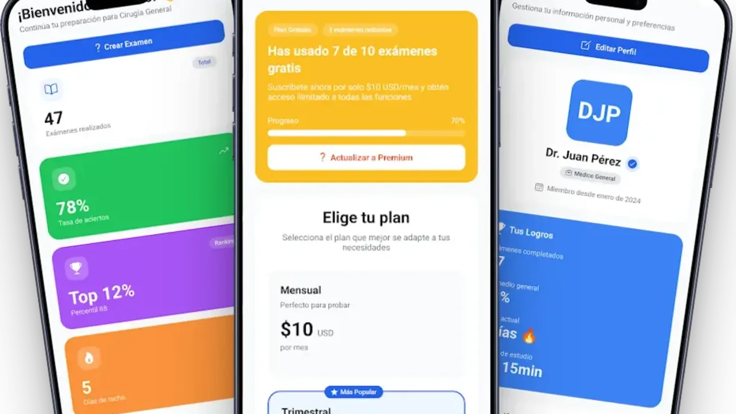 BancoMed — App de evaluación con banco de preguntas, estadísticas y el historial de avance de cada estudiante.