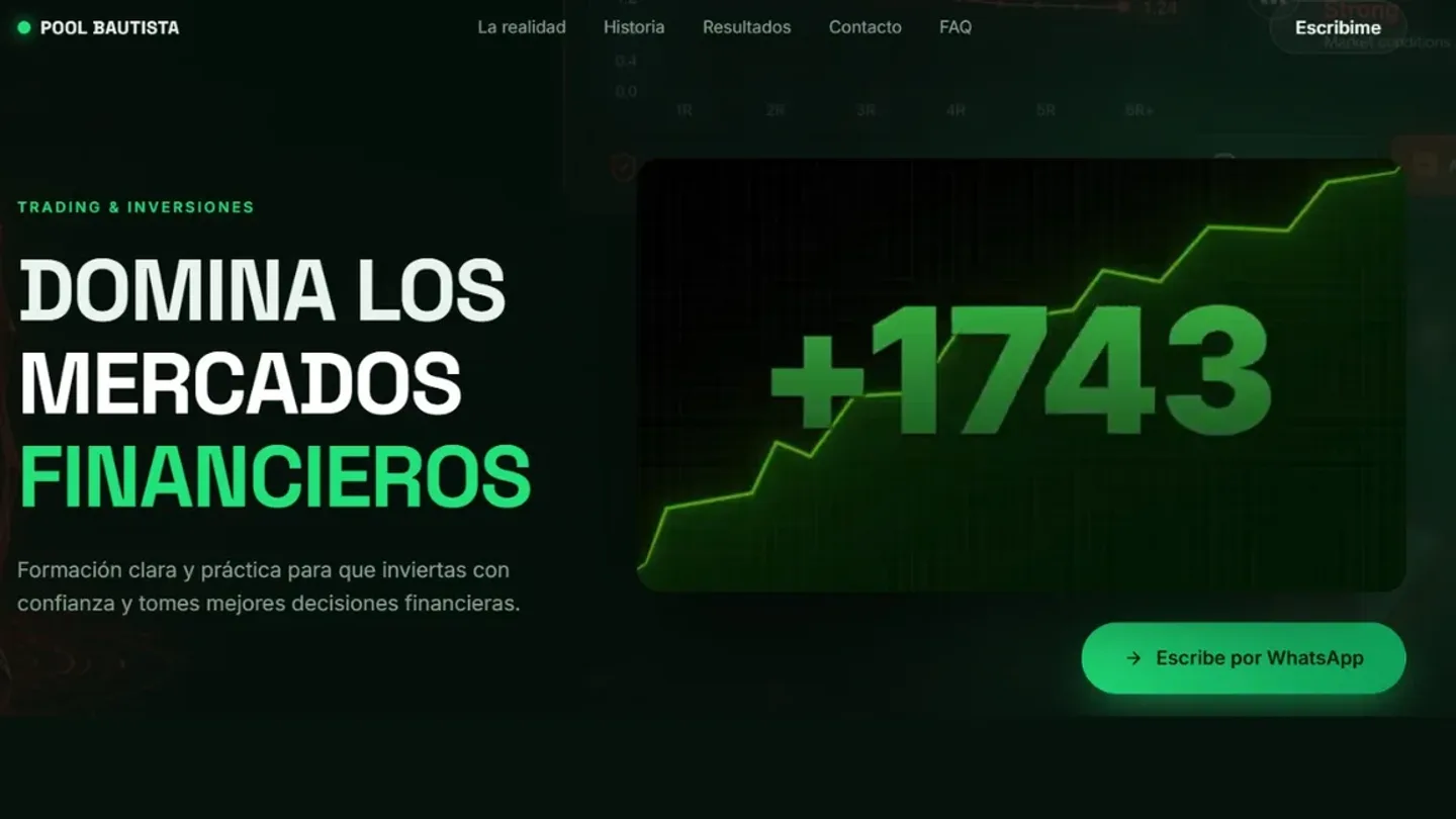 Pool Bautista Academy — Página de venta para una academia de inversión: toda la conversión ocurre por WhatsApp, sin carrito ni checkout.