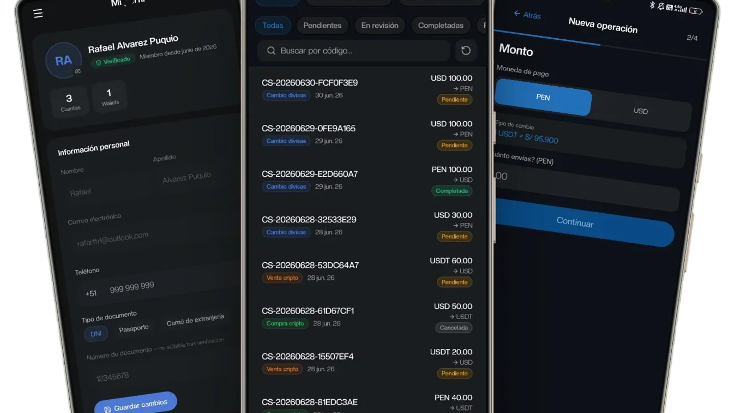 Saldo.pe App — La casa de cambio en el teléfono: historial de operaciones, perfil verificado y pago de servicios con cripto.