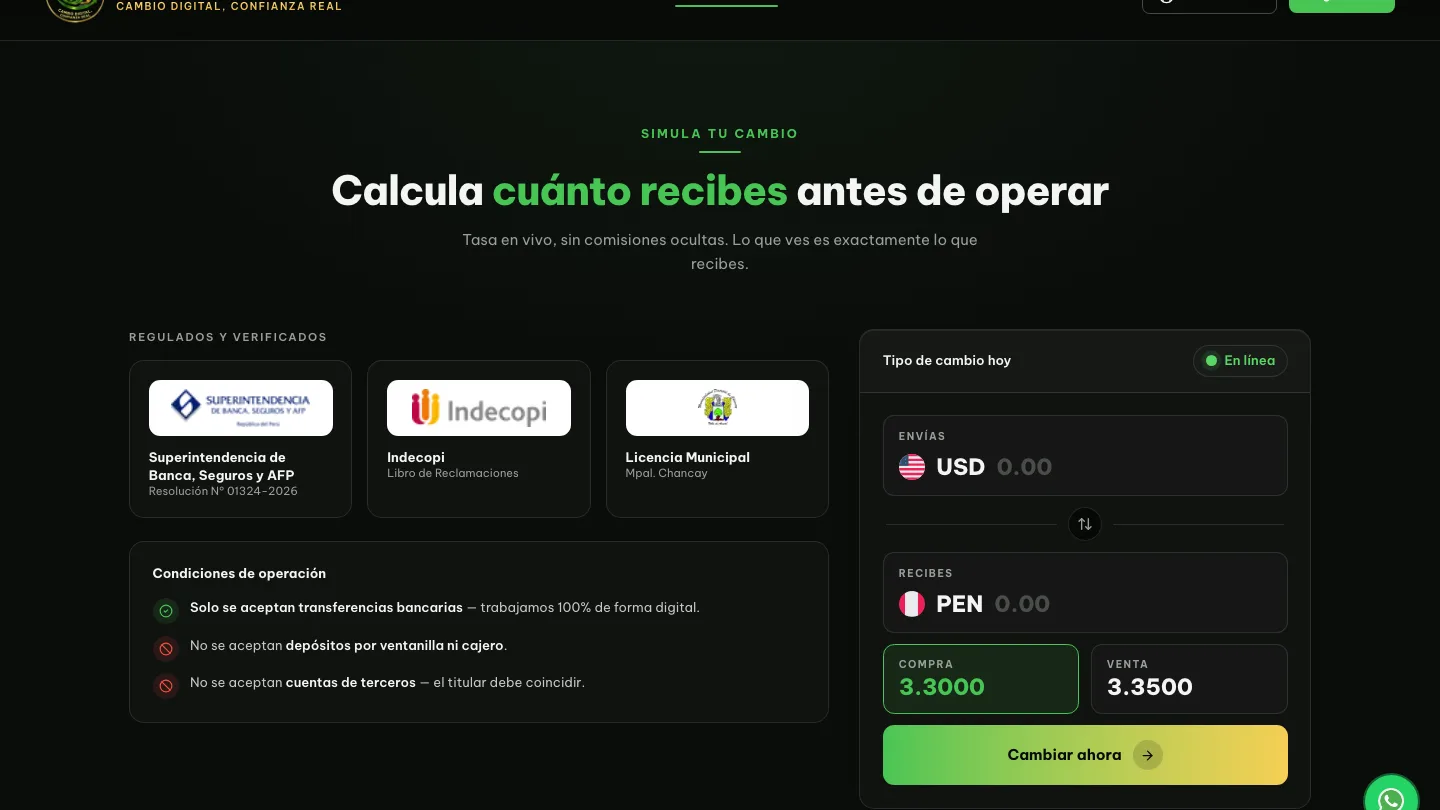La calculadora de cambio con la tasa en vivo, las condiciones de operación y los respaldos regulatorios a la vista.