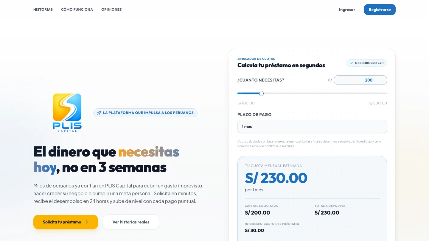 Fintech de préstamos de monto pequeño: simulador de cuotas, solicitud y seguimiento, todo desde la plataforma.