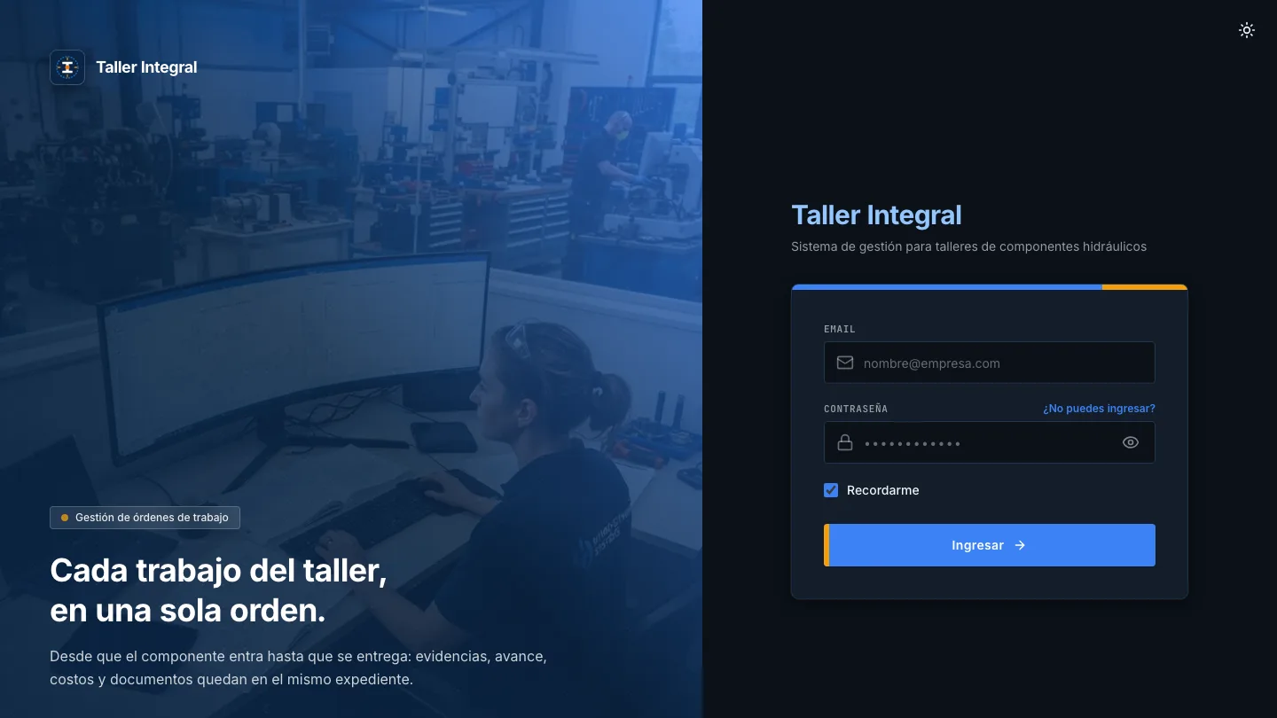 Trazabilidad de los componentes que entran al taller: órdenes de trabajo, evidencia fotográfica y permisos por rol. Incluye tienda en línea, cursos y remanufacturación.